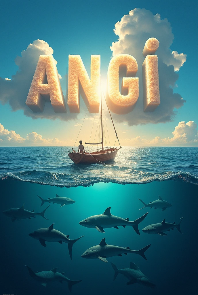 landscape of an ocean with boat and sharks around it,in the middle there is a forming worlds "ANGGI" seen above
