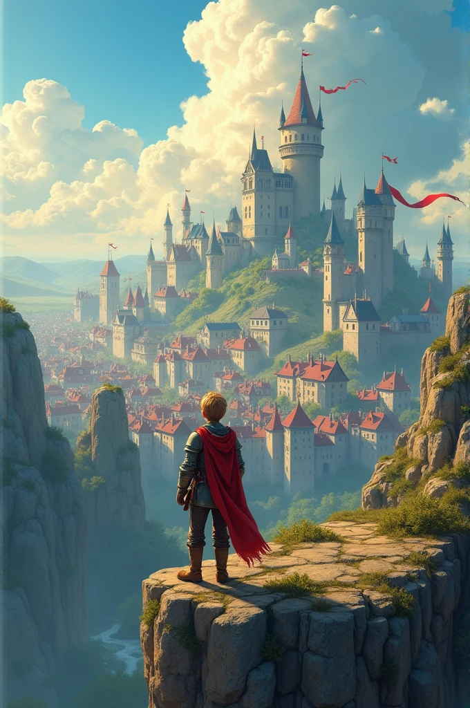 young man,stand,Turn your back.,adventurer,stand on cliff, Ahead is a big kingdom town. big cloud  kingdom town city, fairy tail  , beginerKnight Adventurer