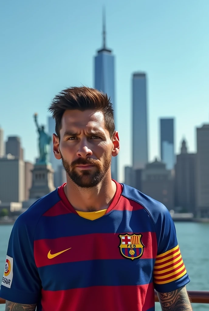 Messi wearing the Barcelona shirt with the United States of America in the background