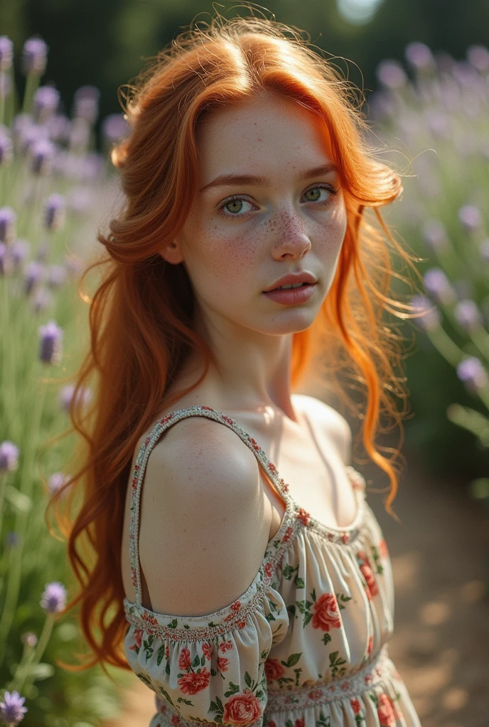 redhead girl,looking to the side, extreme closure, closed in the face. Super detailed. parts,  Rustic dress. Provence. Retro Photography, David Hamilton Style. Analogic photograph. grainy. Nymph