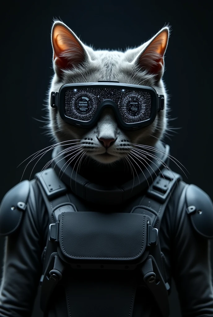 masterpiece:1.2,Highest quality,Realistic,RAW Photo),8k,wallpaper,Ray Tracing,(gray cat),Standing,(grey cat),(Wearing futuristic tactical glasses:2.0,Tactical data displayed on glasses:2.0 , Glasses image details: 2.0),(tactical bodysuit),(Tactical Helmet: 2.0),(Tactical Headset),(Intercom microphone),(Faces with attention to detail, Detailed skin texture, Beautiful Skin),(Looking into the camera) ,(front),(Face close-up:2.0),(Prick server:2.0),(darkness:2.0)