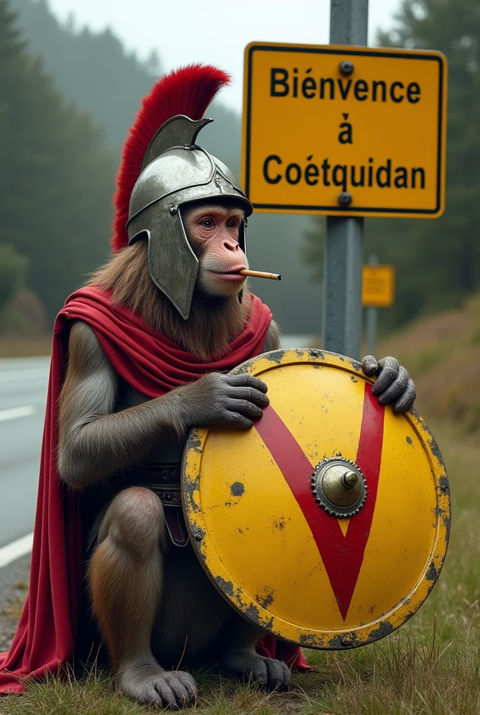 Je veux un singe réaliste habillé en guerrier spartiate exactement à la manière des soldats de Léonidas dans le film 300. Il doit porter un bouclier rond en métal jaune, marqué d'un V rouge inversé qui est le seul décors du bouclier. Ce singe se trouve à côté d'un panneau clairement lisible marqué "Bienvenue à Coetquidan". Il fume une cigarette, porte un casque d'hopplite grec et a l'air déprimé. 
