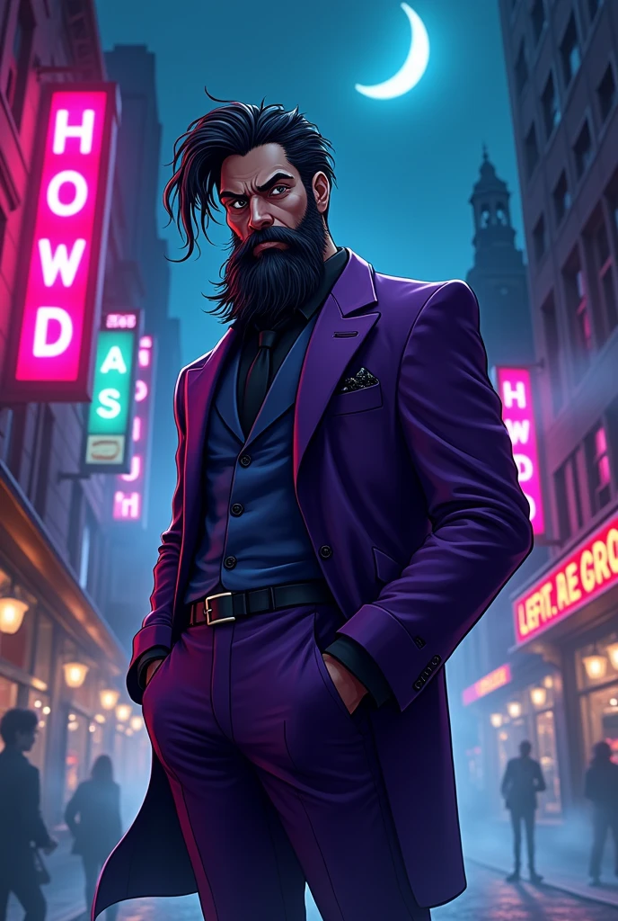 dark character, sem beard,
male cartoon in purple suit