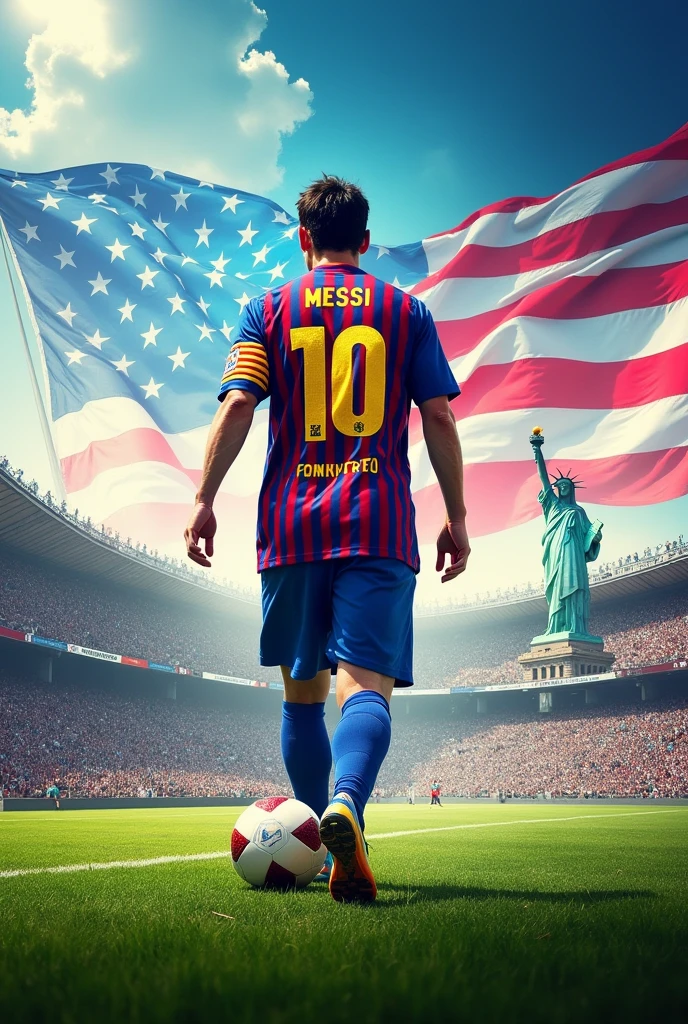 Messi wearing the Barcelona shirt with the United States of America in the background