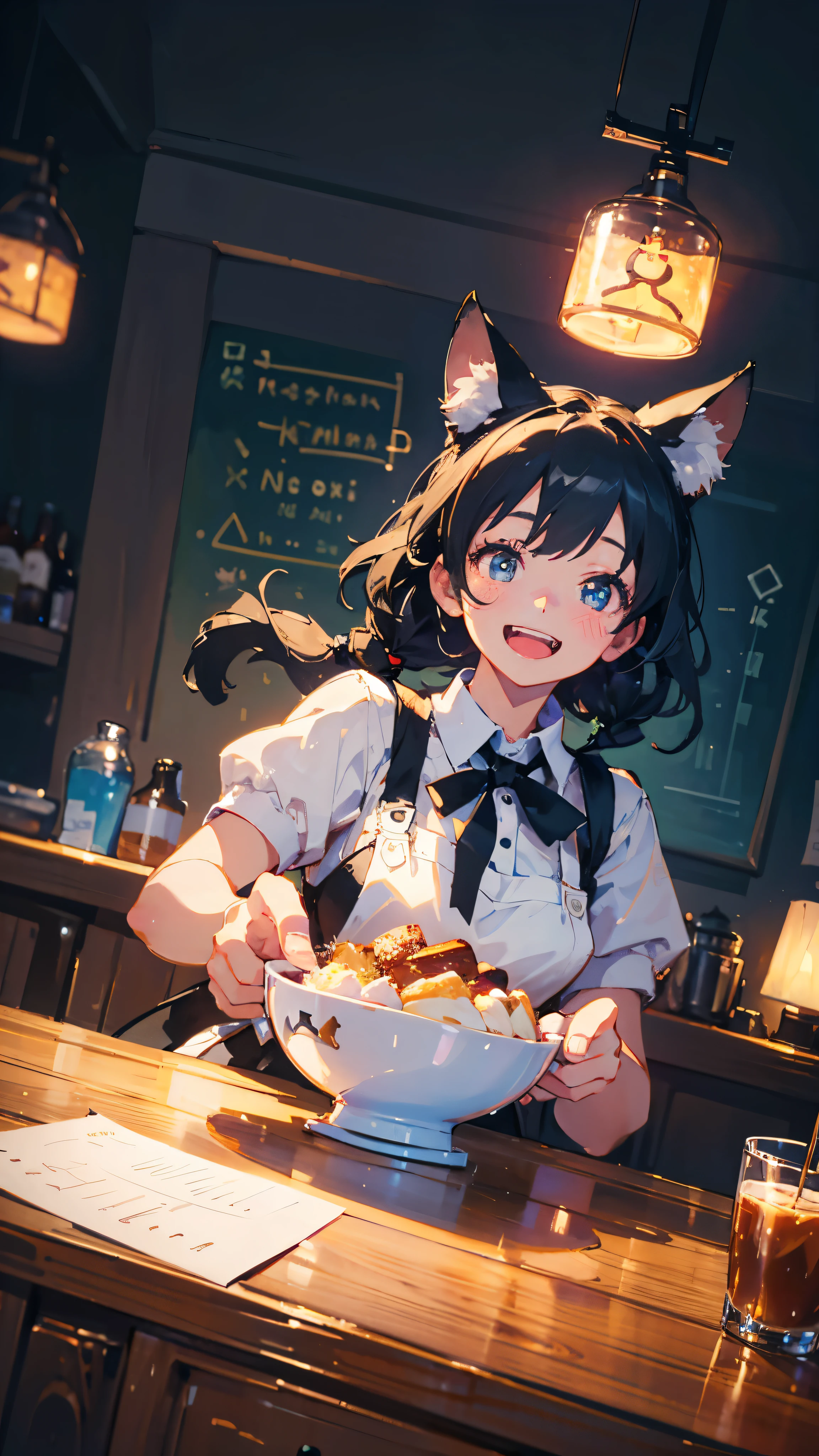 Highest quality, (cute:1.1), (cute), (High resolution:1.2), Incredibly absurd:1.3, incredibly fine illustration, BREAK, 1girl, alone, Cafe Waitress, bionde, apron, (Large black ribbon:1.2), Cat ear, Grin, Open your mouth, (Dynamic Angle:1.2), (cute illustration:1.2), BREAK, (cute cafe:1.1), Surrealism, cinematic lighting, uhd, high details, best quality, highres, 8k