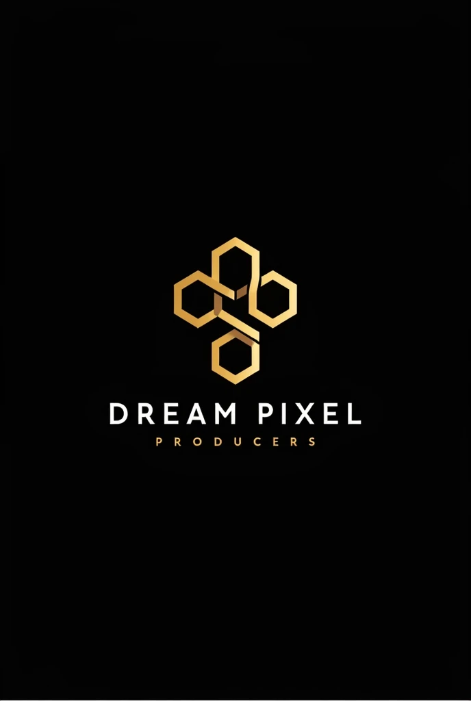 The logo words "dream pixel"gold black. producer logo . honeycomb pattern. Entertainment logo. Very good design word logo. Word logo for photography . Black background. Very style. Winning award.