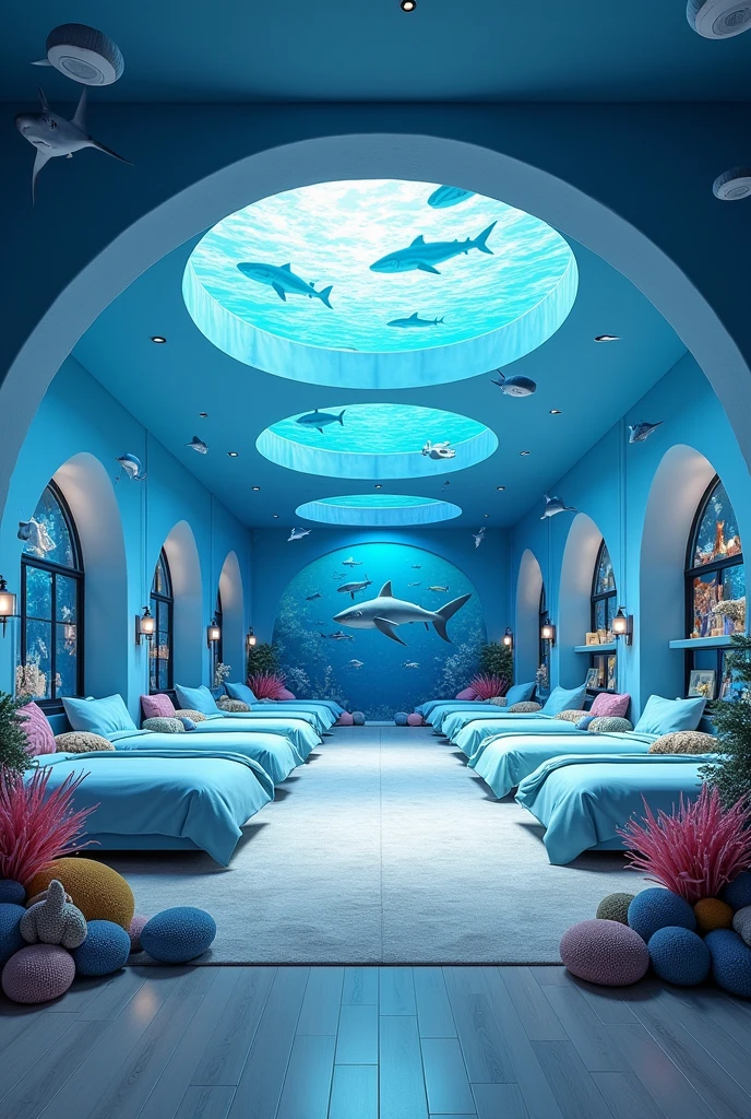 a ten-bed shark-themed dorm, very spacious and nothing