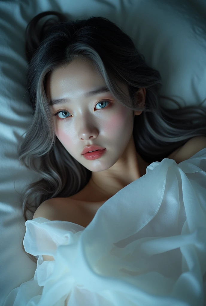 Overhead beautiful korean girl, 20 years old, lie down on white sheet, long ash grey wavy hair, sexy pink moist lips, detailed beautiful face, detailed blue eyes, detailed skin texture, light make up, arm up, sexy body, small breasts. She's covering her body with a white transparent scarf, can see her body curve. Pleading eyes, slightly open mouth, looking at the viewer. The sheet is white, night time, very dark room, side lighting cast a shadow and highlight area. High contrast, ultra sharp focus, arms up