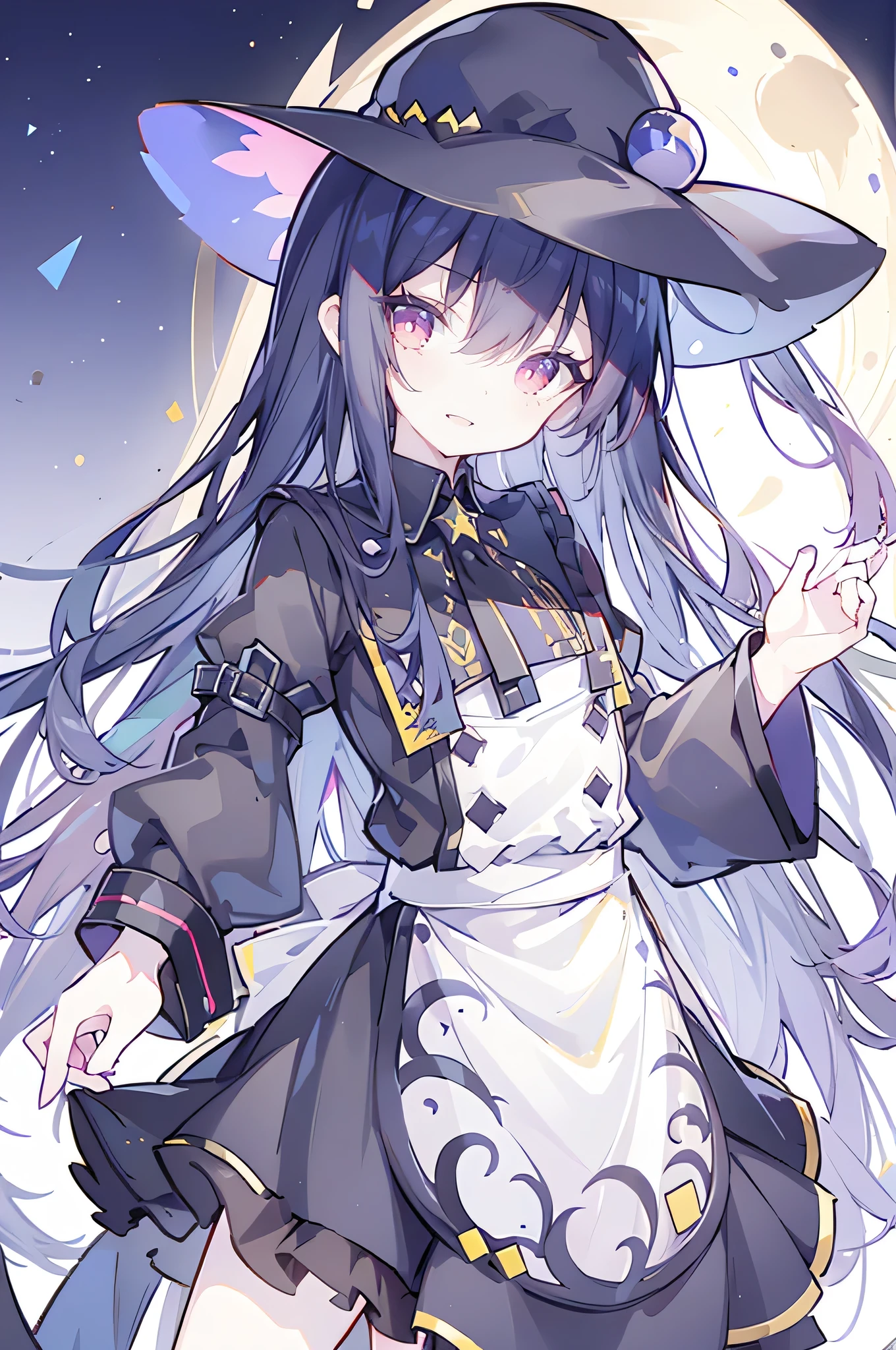 oung Girls,Humanity,A magician always smiles,big witch hat,cute,dark blue long hair,The eyes are dull,The bangs are heavy,Thin eyebrows,fantasy,intake,Double teeth,Star Theme,Constellation pattern,Solid color clothetal decoration,cloak,A bit of a dark atmosphere,A little crazy smile,When the big moon shines outside at night,blood,Hair black star embellishment,Short tie,No nails,High waist skirt,Bell sleeves,Long-sleeved shirt,Black tie,low risk,gentlemen。Mist、Yellow and white effect，Shocking pink as an accent color