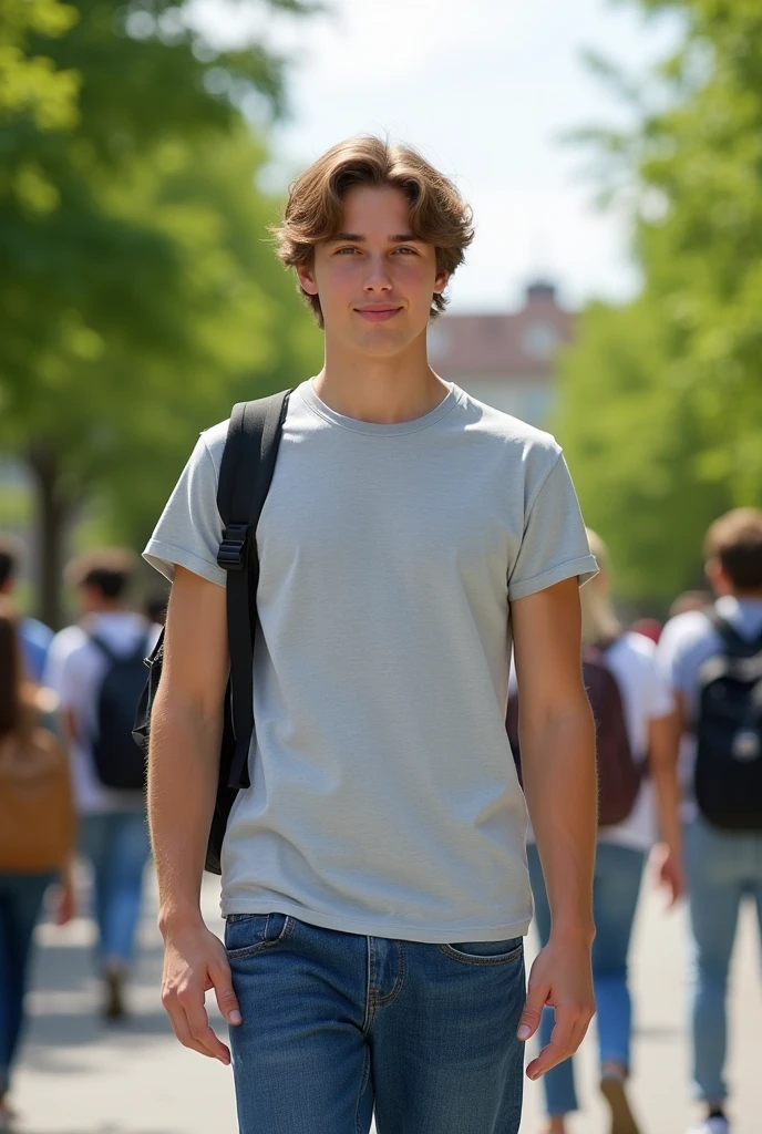"Create a realistic image of an 18-year-old young man. His facial expression should reflect confidence and intelligence. He should have medium-length hair in a light brown color. He is wearing a modern t-shirt and jeans. The background could be a school campus or a typical environment for young people."