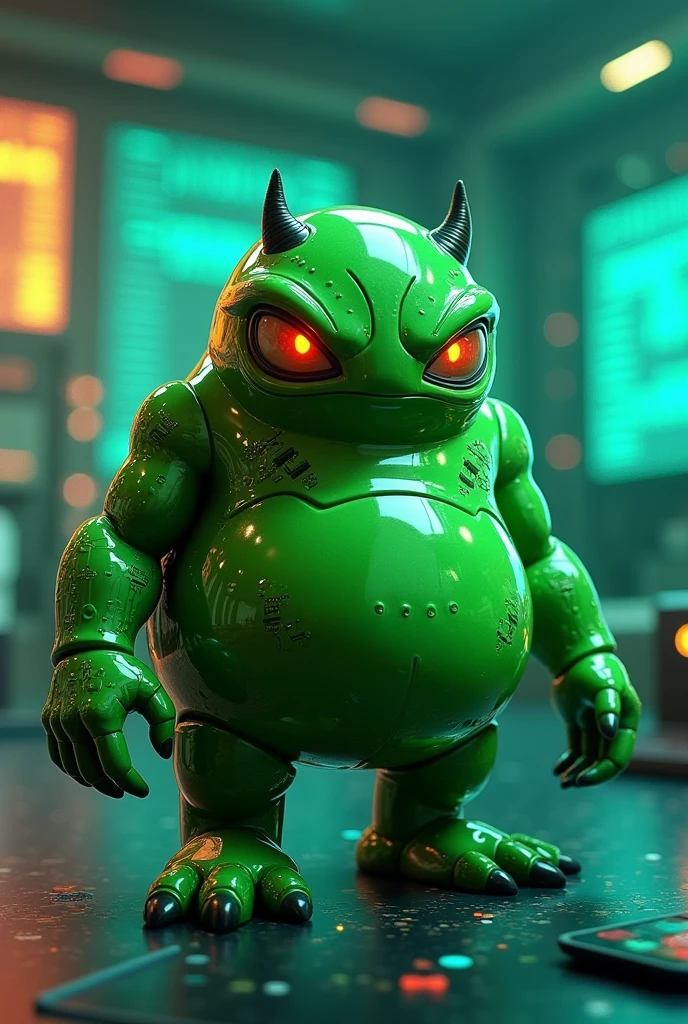 Create a green 3D animated character that looks like a computer engineer , round body, short legs , earless evil face