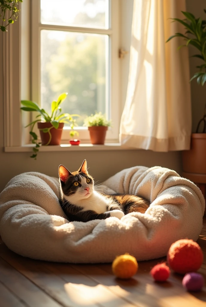 Minty preparing a cozy bed in a comfortable corner, getting ready for her kittens.