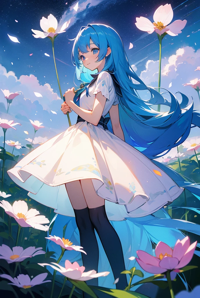 (High resolution、Very detailed、Hmph、movie)、alone、1 person、happiness、Girl Standing In Cosmos Flower Garden、Around the petals、Cute Smile、Ezvian Everywhere、Girl with long blue hair、Light blueの髪、I&#39;m looking forward to、Fantasy、Official Art、Pop Art、profile、Very detailed顔、Very detailed目、Cosmos Flower Garden、Ultra Detailed Fields、White blue sky、 Light blue、Blanche、Nebula in the sky、Autumn foliage scenery、watercolor、pastel colour
