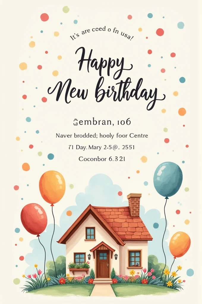 New house invitation card and birthday card combined with event details 
