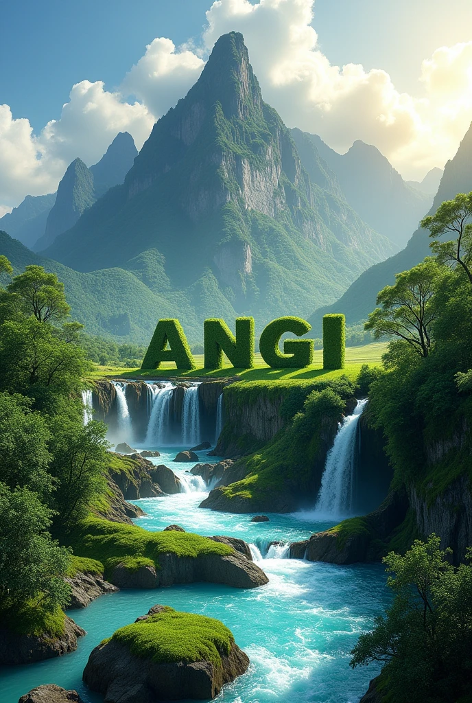 landscape of a mountain with waterfalss and a blue river flowing,in the middle there is a green grass forming the worlds "ANGGI" seen above