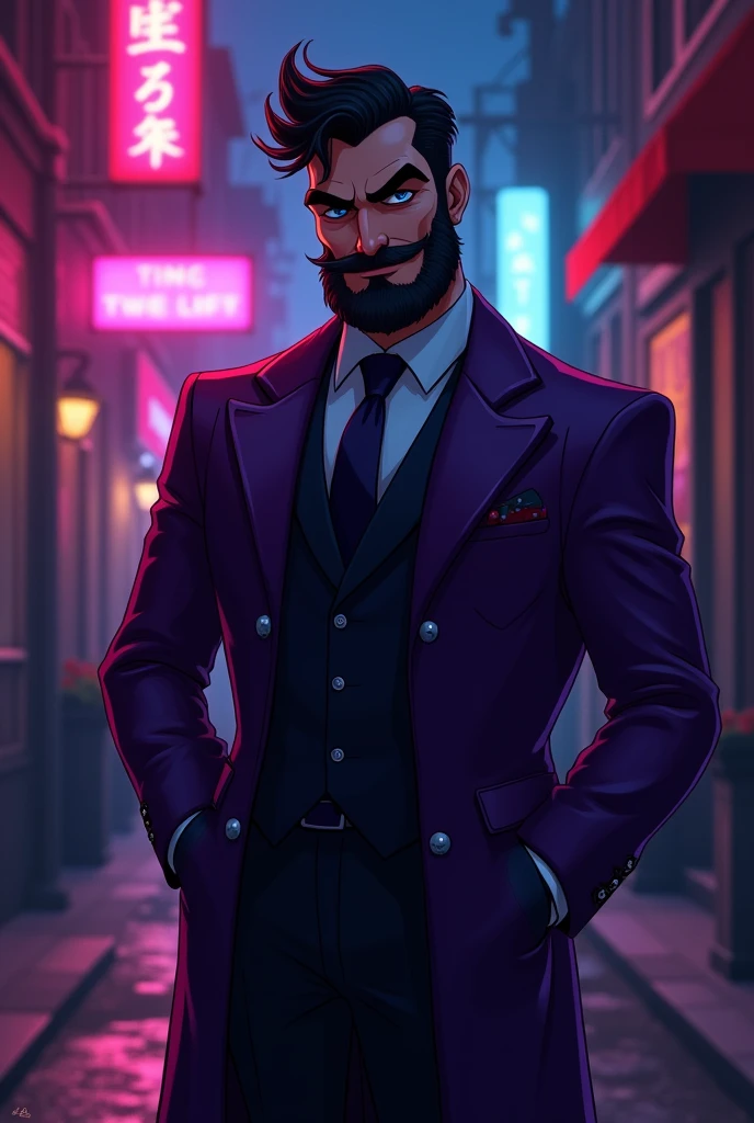 dark character, sem beard,
male cartoon in purple suit 