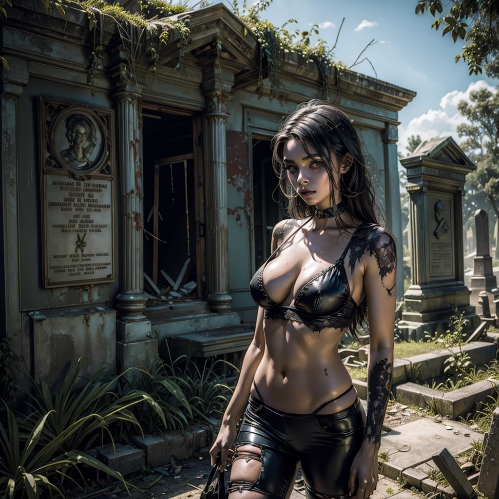 a sexy undead woman wanders in an old abandoned and dilapidated cemetery