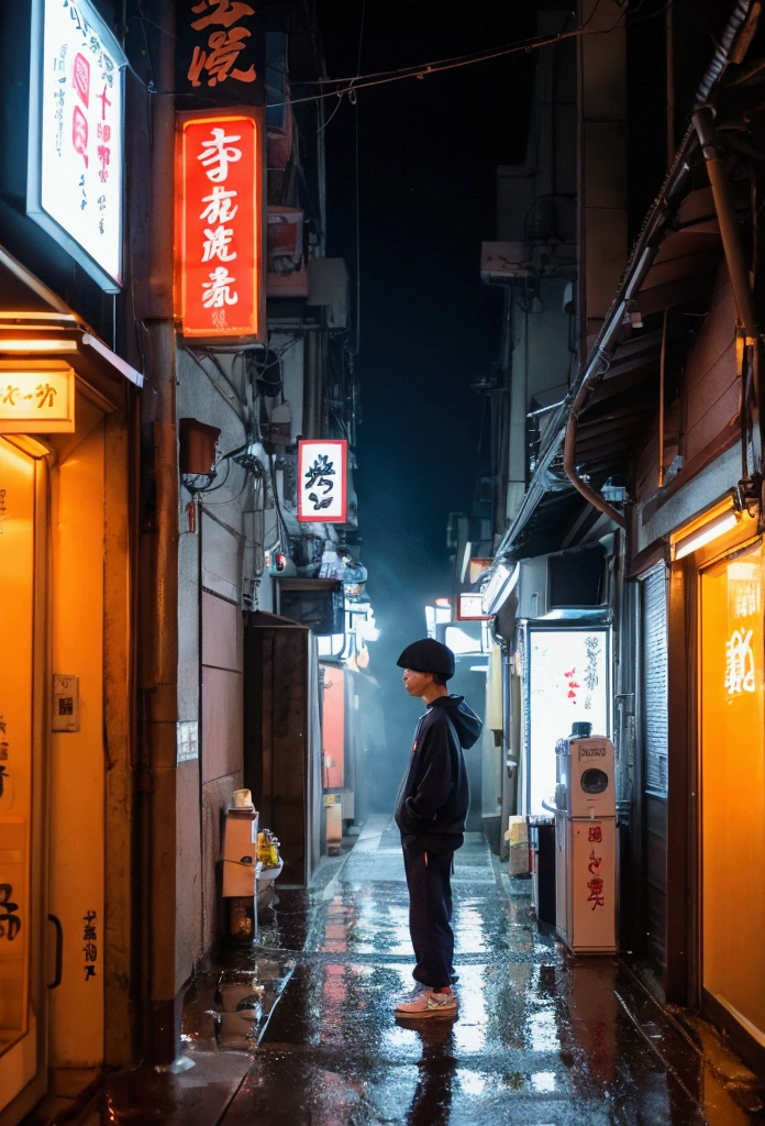 A young man in a navy blue hoodie standing in the center of a narrow, dimly lit Tokyo alley. His hood is slightly pulled up, casting a shadow over his face, which is partially obscured by the glow of a neon sign that reads "Ramen Shop" in kanji characters hanging above the entrance of a small eatery to his right. The alley, a blend of traditional and modern Japan, is lined with a mix of wooden and concrete buildings. The walls are adorned with graffiti and posters for local events, creating a vibrant yet mysterious atmosphere. To the left, a line of vending machines stand tall, their lights reflecting off the wet pavement from a recent rain shower. Behind him, the neon lights of a pachinko parlor flicker, illuminating the alley in a pinkish-white hue. The man's posture is relaxed yet alert, one hand in his pocket, the other holding a takeout bag from the ramen shop. His footwear, a pair of well-worn sneakers, suggests comfort and practicality for the city streets. The scene is alive with the muffled sounds of distant traffic and the occasional chatter of passersby, yet the man remains a solitary figure, lost in thought or contemplating his next move. The rain has ceased, but the dampness in the air lingers, contributing to the alley's intimate and slightly eerie ambiance. The overall composition captures the essence of a quiet moment in the bustling city's nightlife, where the mundane intersects with the enigmatic.