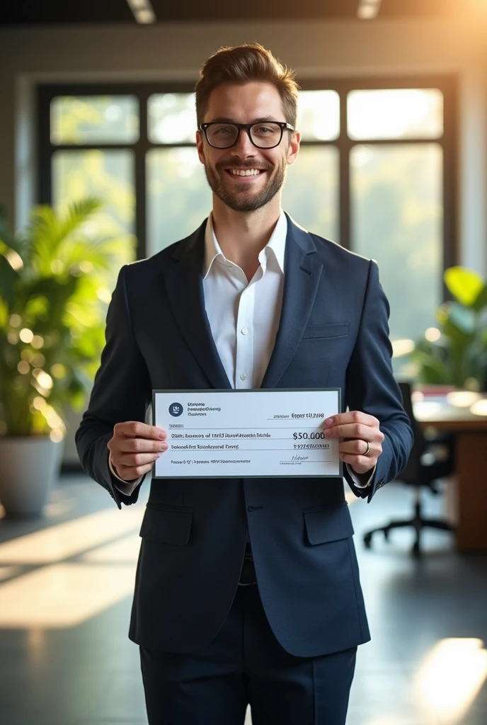 A business owner holding a check from an investor.