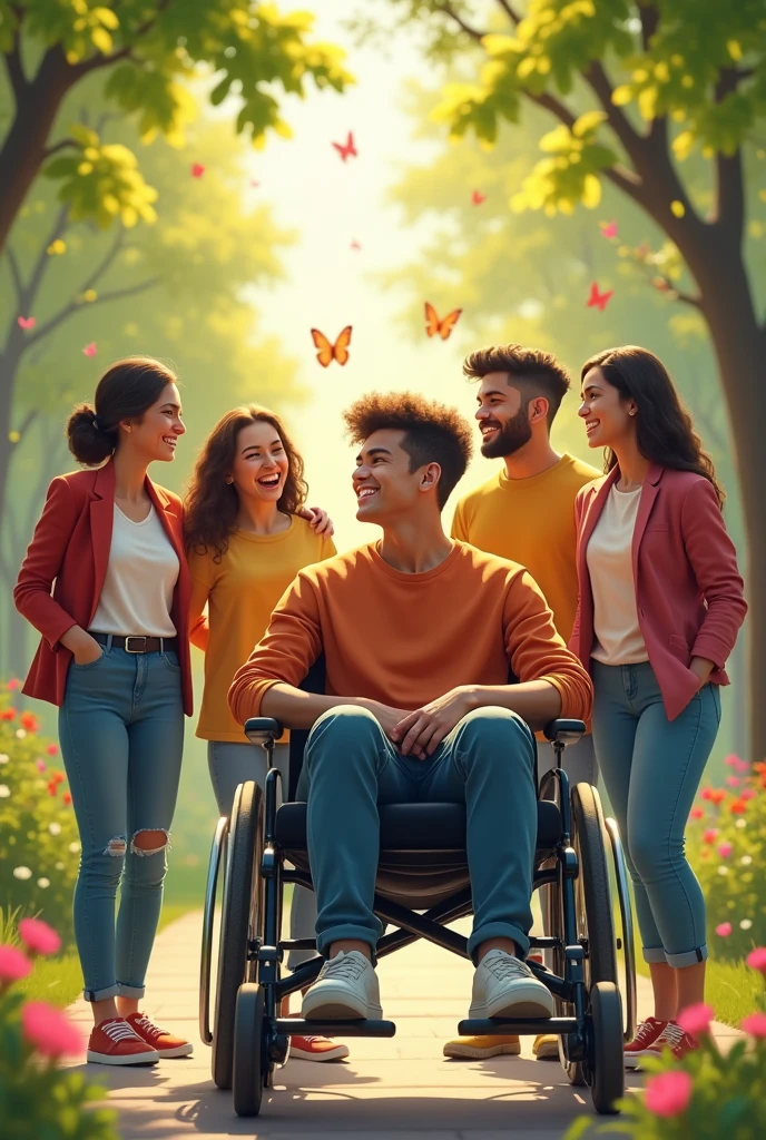 I need an image of a young man in a wheelchair who has access to health and support from his friends in his life