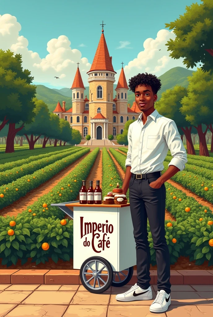 A farm in an imperial castle with coffee plantations with lots of fruit and a young black man with a teenage face and curly, coiled hair and a good straight down with an American cut and a white blouse., with a logo written 'Império do Café' in Portuguese wearing black jeans and very elegant white sneakers, selling coffee and with some bottles of coffee and cake in his white cart with the logo written coffee empire through the streets of Austin in Portuguese on the cart all in drawing
