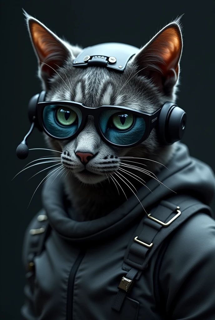 masterpiece:1.2,Highest quality,Realistic,RAW Photo),8k,wallpaper,Ray Tracing,(gray cat),Standing,(grey cat),(Wearing futuristic tactical glasses:2.0,Tactical data displayed on glasses:2.0 , Glasses image details: 2.0),(tactical bodysuit),(Tactical Helmet: 2.0),(Tactical Headset),(Intercom microphone),(Faces with attention to detail, Detailed skin texture, Beautiful Skin),(Looking into the camera) ,(front),(Face close-up:2.0),(Prick server:2.0),(darkness:2.0)