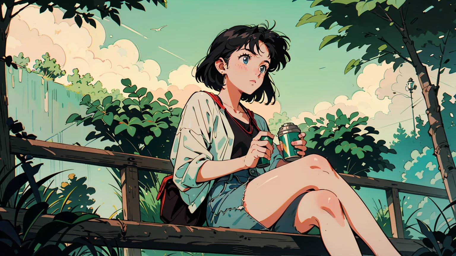 Best image quality,90s style anime, 1 person,24-year-old woman, Bob,Parted bangs,Sitting under the tree,Crossing your legs,Holding a can of coffee,Relaxed facial expression,Sunlight,nature,river,morning,grass