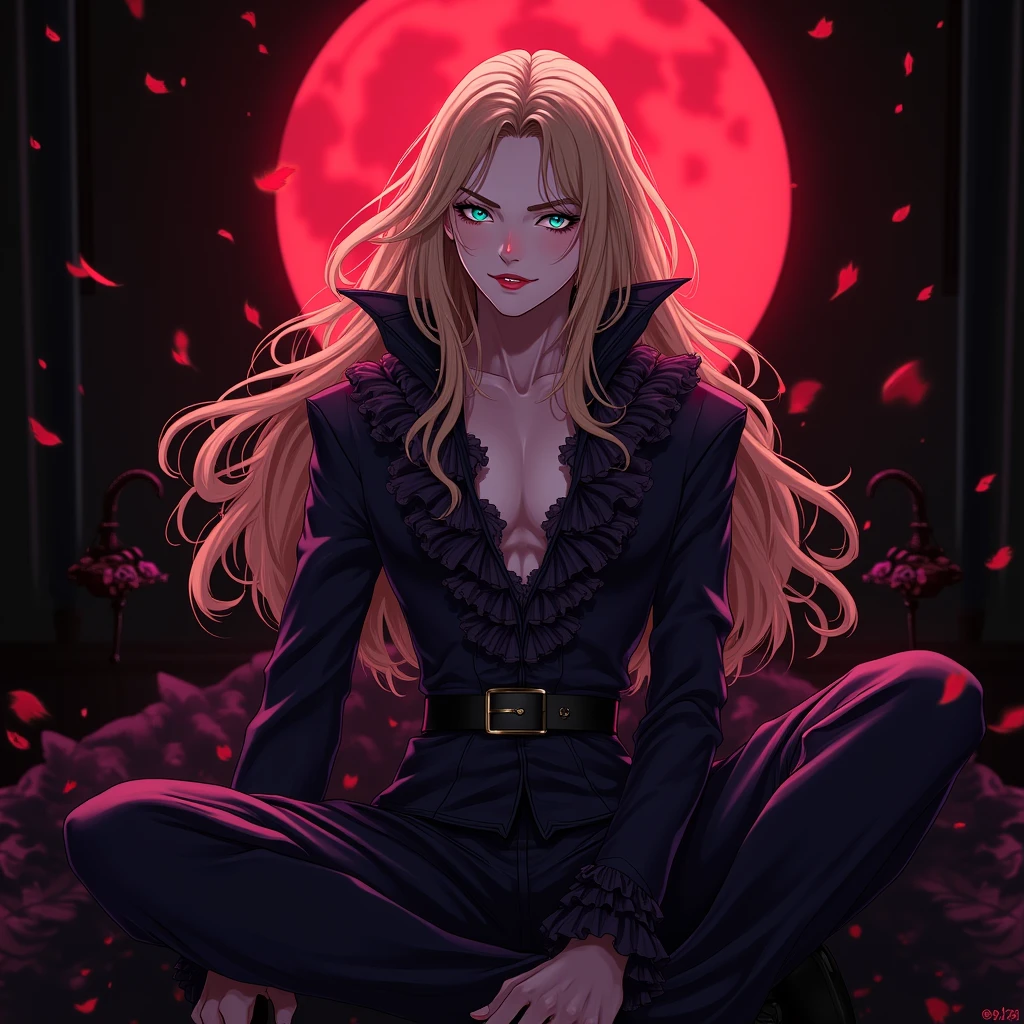A sexy young male, long blonde hair, teal blue eyes. Gothic clothes. (Male) (no facial or body hair)) masterpiece, best quality, ultra-detailed, best shadow), (detailed background) (purple and black) pretty handsome. Sexy Cute. No facial hair. No body hair. Wink. Seductive. Sexy. Pale and white skin. Smirking. Anime style. Blood. Vampire. Sexy. Death note style. Pink lips. SENSUAL. Purple and black gothic frilly clothes. Long lashes. Sexy pose. Crossing legs. Shiny. Vampire Prince. Bottom angle. Seductive. Male. Bottom angle. Shiny. Long boots. Delicate facial features. Kiss. Red moon. Fangs. Sexy male. Angelic facial features. Male. Make it male.
🥺