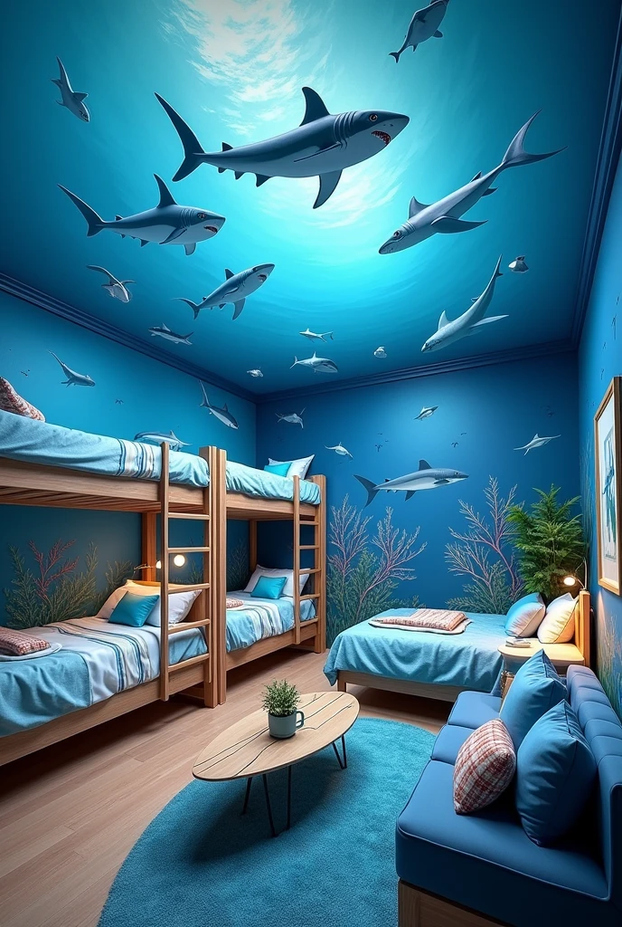 a ten-bed shark-themed dorm, very spacious and nothing