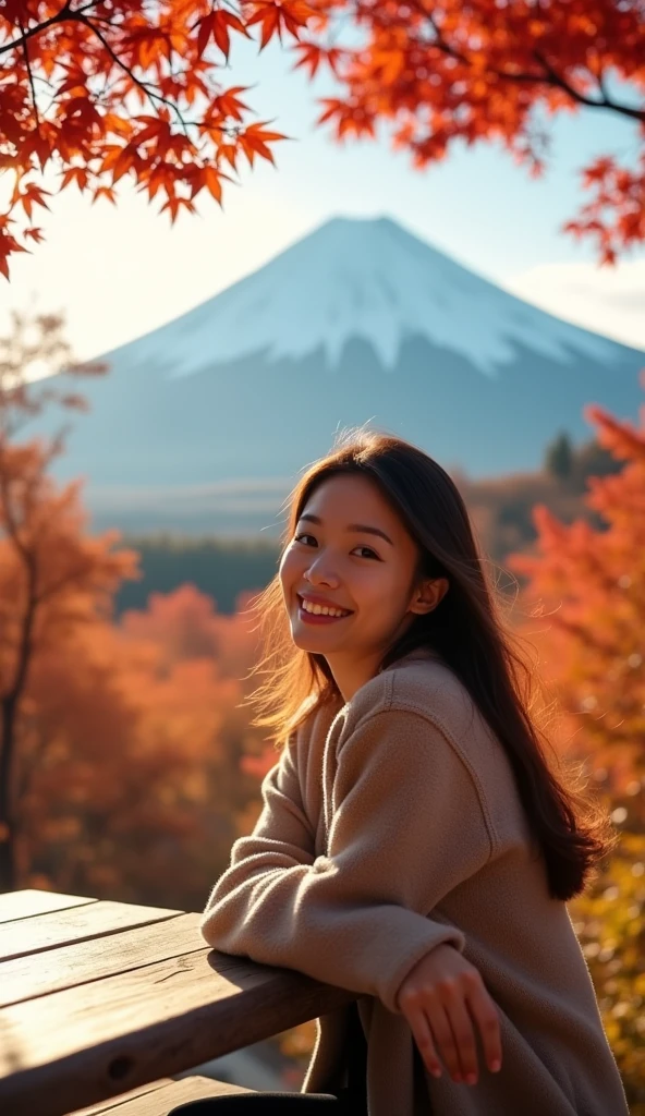 A stunningly beautiful 28-year-old woman, detailed beautiful eyes and face is sitting at a table with a view of the Fuji Mountain with red maple and yellow ginkgo tree leaves. Popular images: Medium angle shot, eye level, happy expression, facing the camera, soft sunlight.  