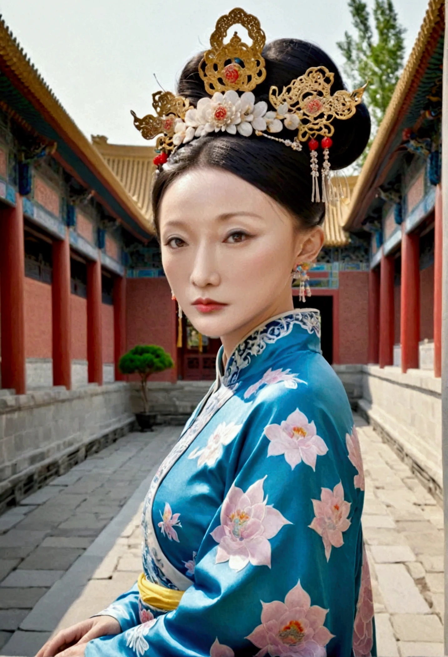 A nude Qing Dynasty empress poses from the front on the stone pavement of the Qing Dynasty Palace