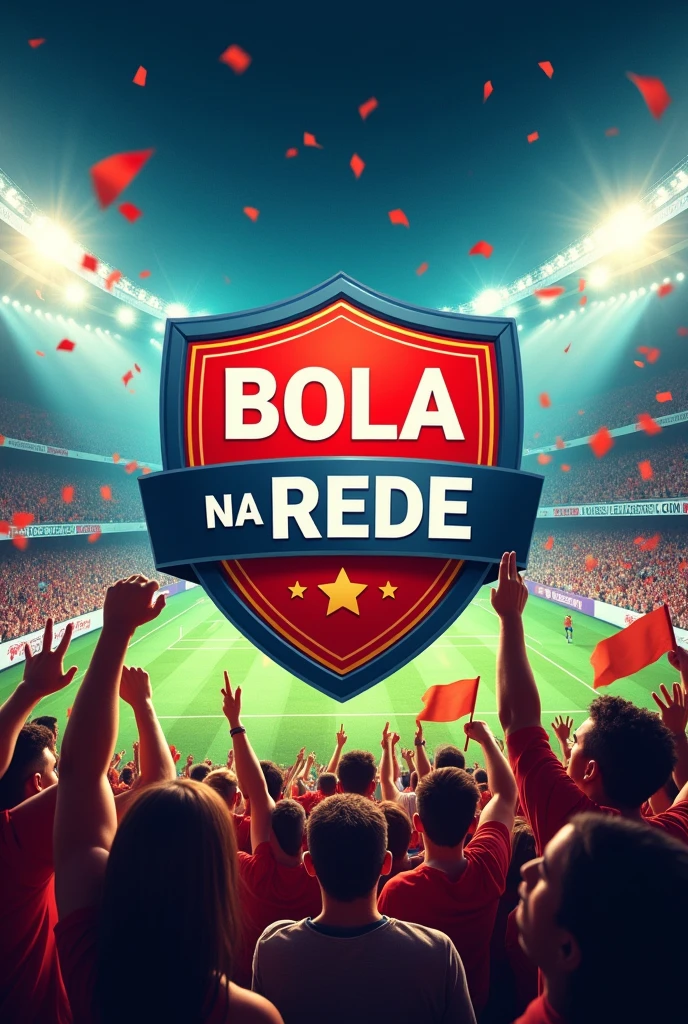 Football shield with the name BOLA NA REDE inside it and in the background of the image a football stadium with a beautiful crowd