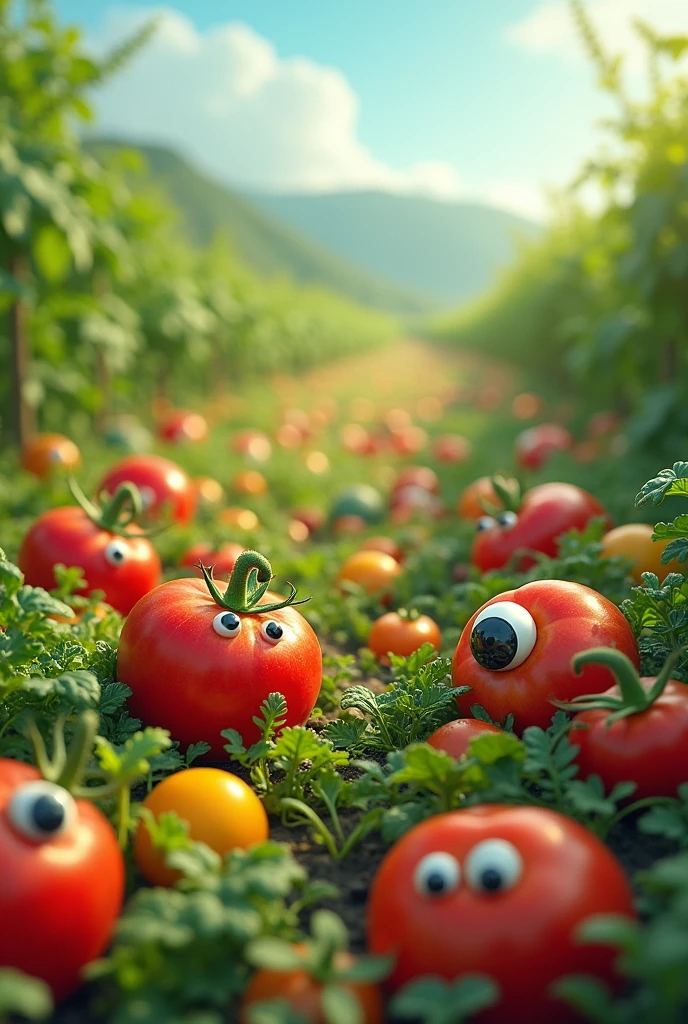a field of vegetables with googly eyes, vegetables with googly eyes, fantasy vegetables, whimsical garden, surreal vegetable field, colorful produce, anthropomorphic vegetables, surreal still life, digital art, 8k, hyperrealistic, highly detailed, vibrant colors, natural lighting, lush foliage, dynamic composition