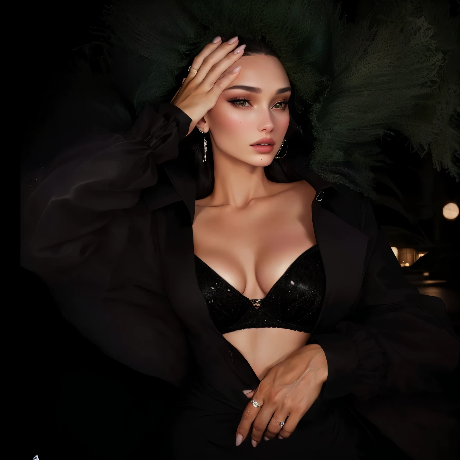 araffed woman in black dress with black jacket and earrings, bella hadid, portrait sophie mudd, by Emma Andijewska, bella poarch, wearing a sexy cropped top, in a black betch bra, perfectly poised, revealing outfit, leaked image, at night, by Eva Frankfurther, photo of the beauty gal gadot, looking hot