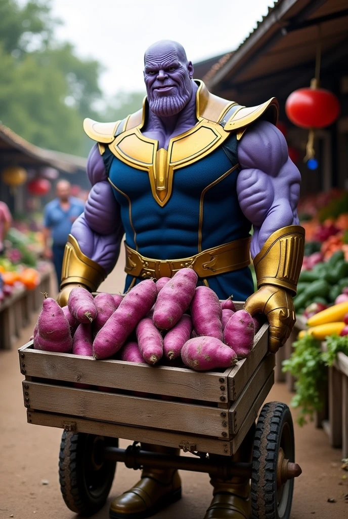 Dans le film Avengers: Endgame, une photo réelle montre Thanos vendre des patates douces violettes.