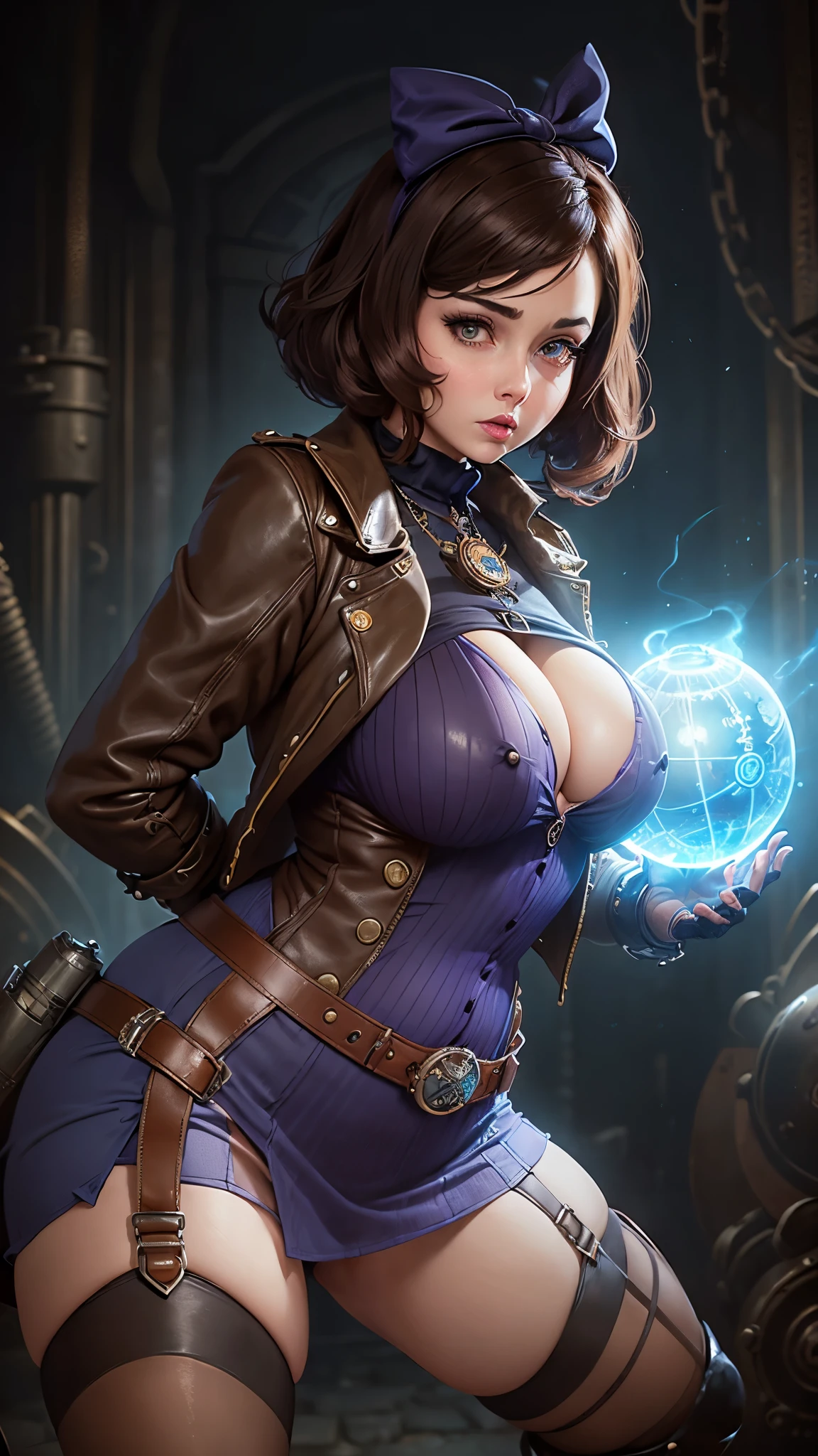Curvy Elizabeth, small boobs, huge hips, (BioShock style), face detailing, ultra quality, (blue purple light), ((dark brown shirt mini dress, see through)), ((see through)), jacket, belts, face detailing, ultra quality, stockings, ((huge puffy nipple)), ((strong stance)), no panties, in catacombs, (magic sphere, magic electrics gloves), (steampunk armor)