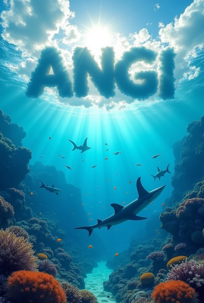 landscape of an ocean with many colorful fishs and sharks around it,in the middle there is a forming worlds "ANGGI" seen above