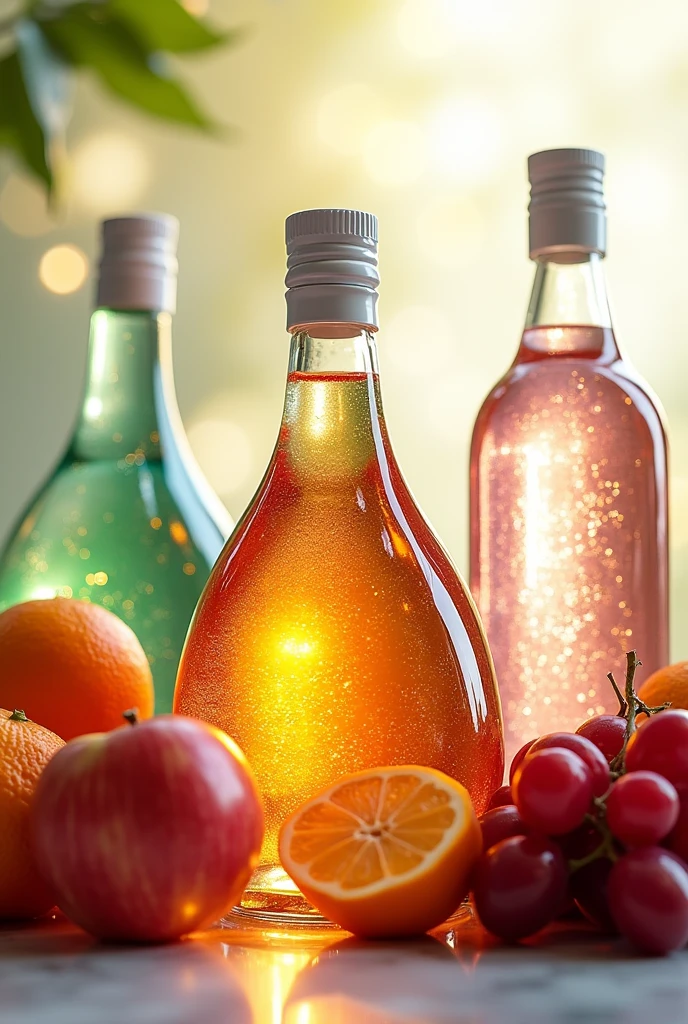 a colorful still life with three pastel-colored bottles filled with liquid, surrounded by various types of fruits emitting an aroma, with the prominent text "DISINFECTANTS MAY" in the center, hyper realistic, 8k, photorealistic, highly detailed, vibrant colors, natural lighting, smooth textures, glass bottles, fresh fruits, elegant composition