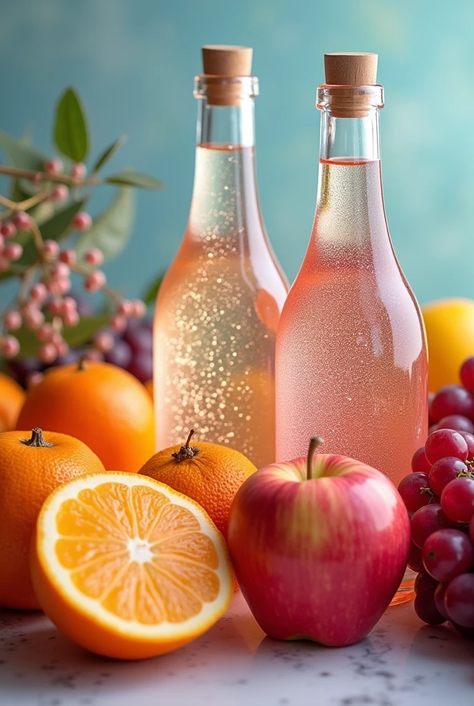a colorful still life with three pastel-colored bottles filled with liquid, surrounded by various types of fruits emitting an aroma, with the prominent text "DISINFECTANTS MAY" in the center, hyper realistic, 8k, photorealistic, highly detailed, vibrant colors, natural lighting, smooth textures, glass bottles, fresh fruits, elegant composition
