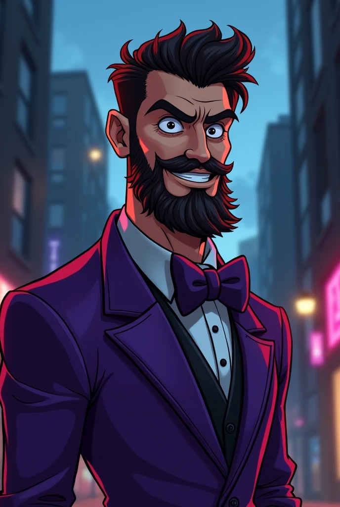 dark character, sem beard,
male cartoon in purple suit
