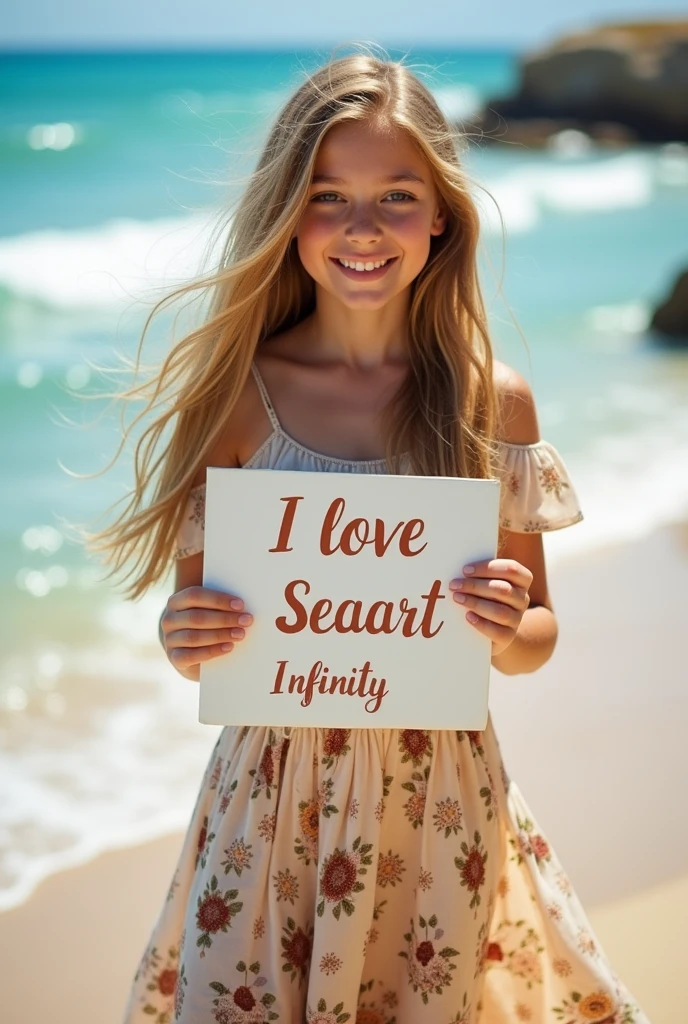 Beautiful girl with wavy long hair, bohemian dress, holding a white board with text "I Love Seaart Infinity" and showing it to the viewer