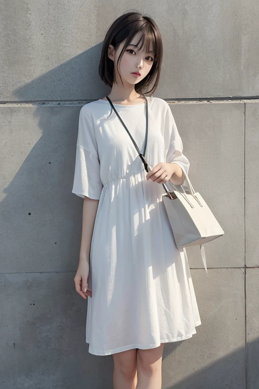 Highest quality、masterpiece、High sensitivity、High resolution、Detailed Description、Slender women、on the road、While playing with a cell phone、Carrying a big bag、Leaning against the wall、Are standing、