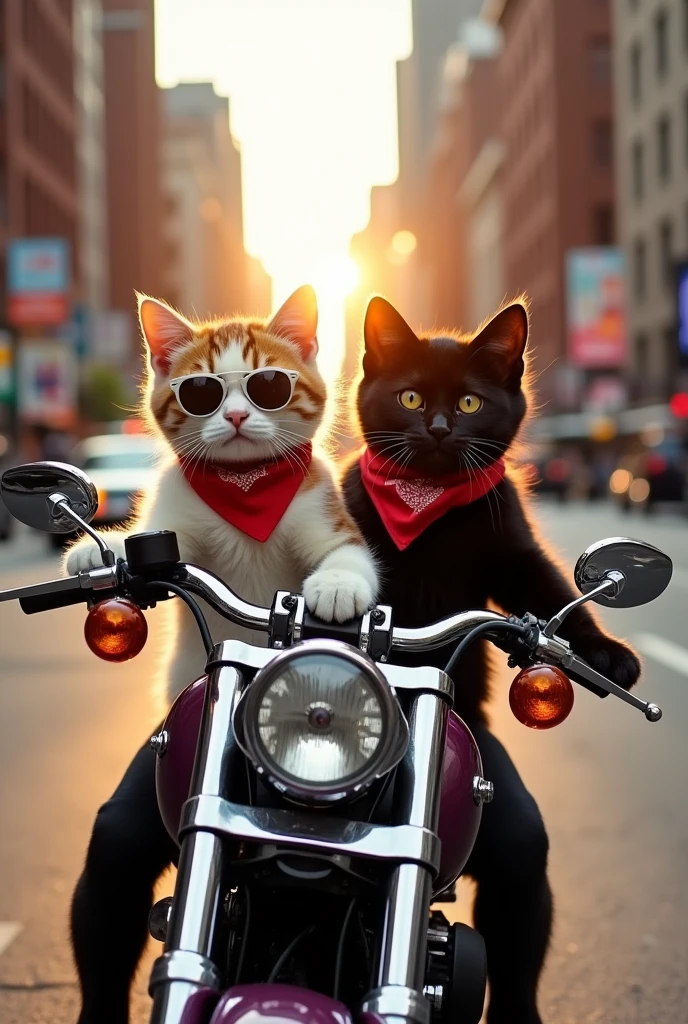 Two kittens riding a Harley through the streets of New York。The cat is wearing sunglasses and a bandana。