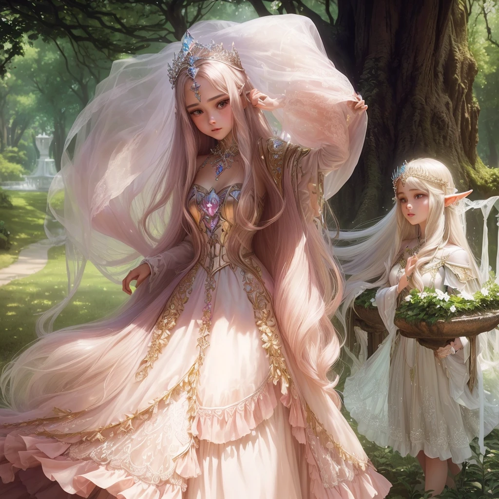 there is a young girl with a tiara standing in a park, wearing tiara fractal de cristal, beautiful languid princess, a striking young ethereal figure, wearing tiara, ultra realistic fantasy tiara, girl with super long hair, very beautiful elven top model, beautiful female princess, With long hair, beautiful princess, beautiful young, beautiful young modelo, young goddess