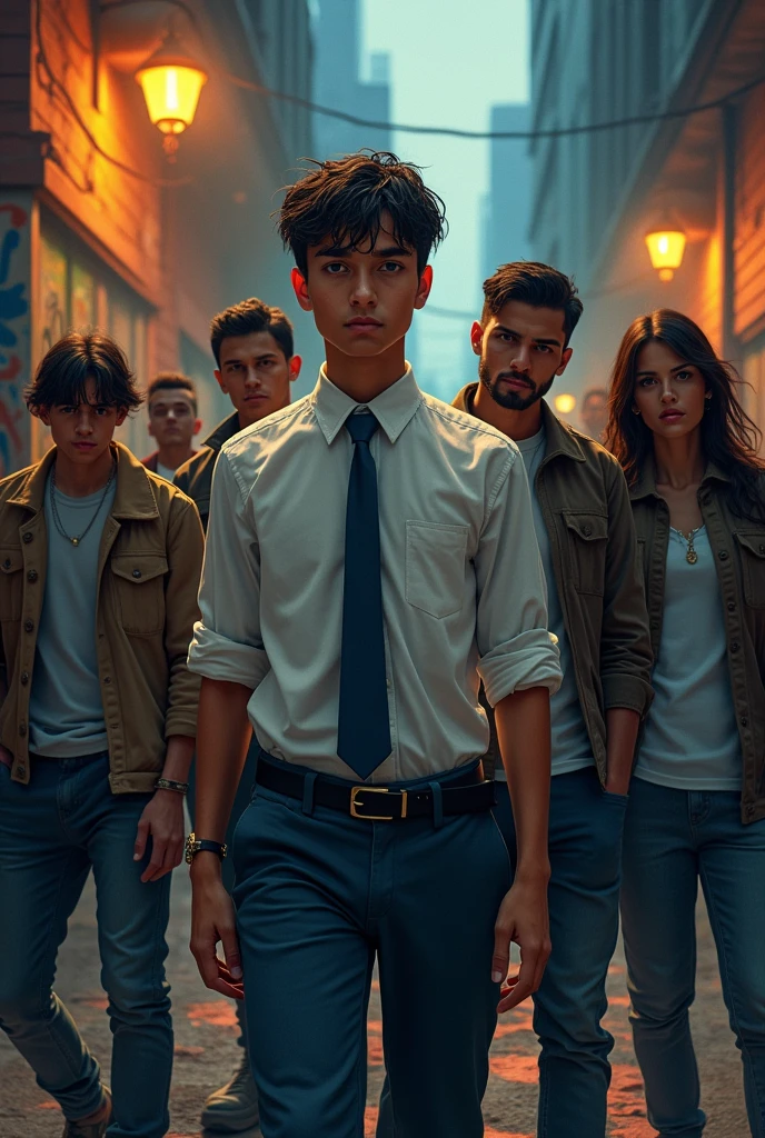 Draw me a picture of a guy in a high school uniform with street thugs.