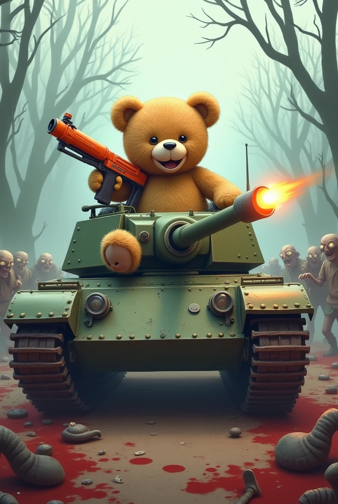 Cute Teddy Bear Killing Bloody Zombies Gun in a Tank