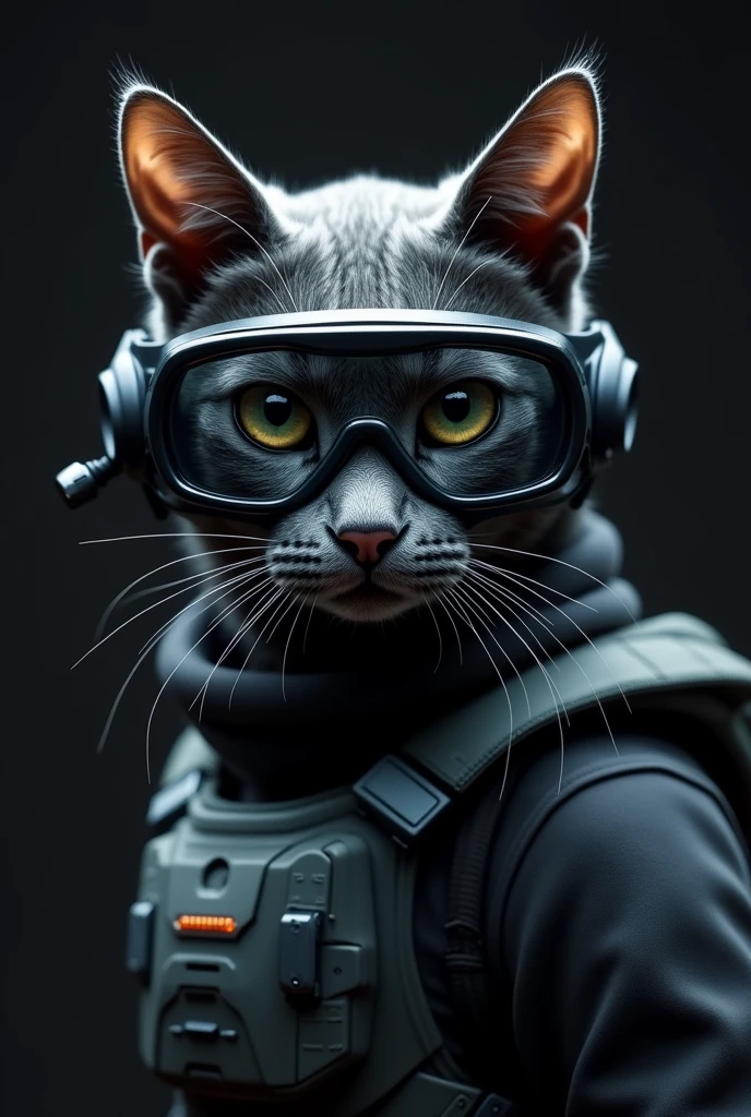 masterpiece:1.2,Highest quality,Realistic,RAW Photo),8k,wallpaper,Ray Tracing,(gray cat),Standing,(grey cat),(Wearing futuristic tactical glasses:2.0,Tactical data displayed on glasses:2.0 , Glasses image details: 2.0),(tactical bodysuit),(Tactical Helmet: 2.0),(Tactical Headset),(Intercom microphone),(Faces with attention to detail, Detailed skin texture, Beautiful Skin),(Looking into the camera) ,(front),(Face close-up:2.0),(Prick server:2.0),(darkness:2.0)