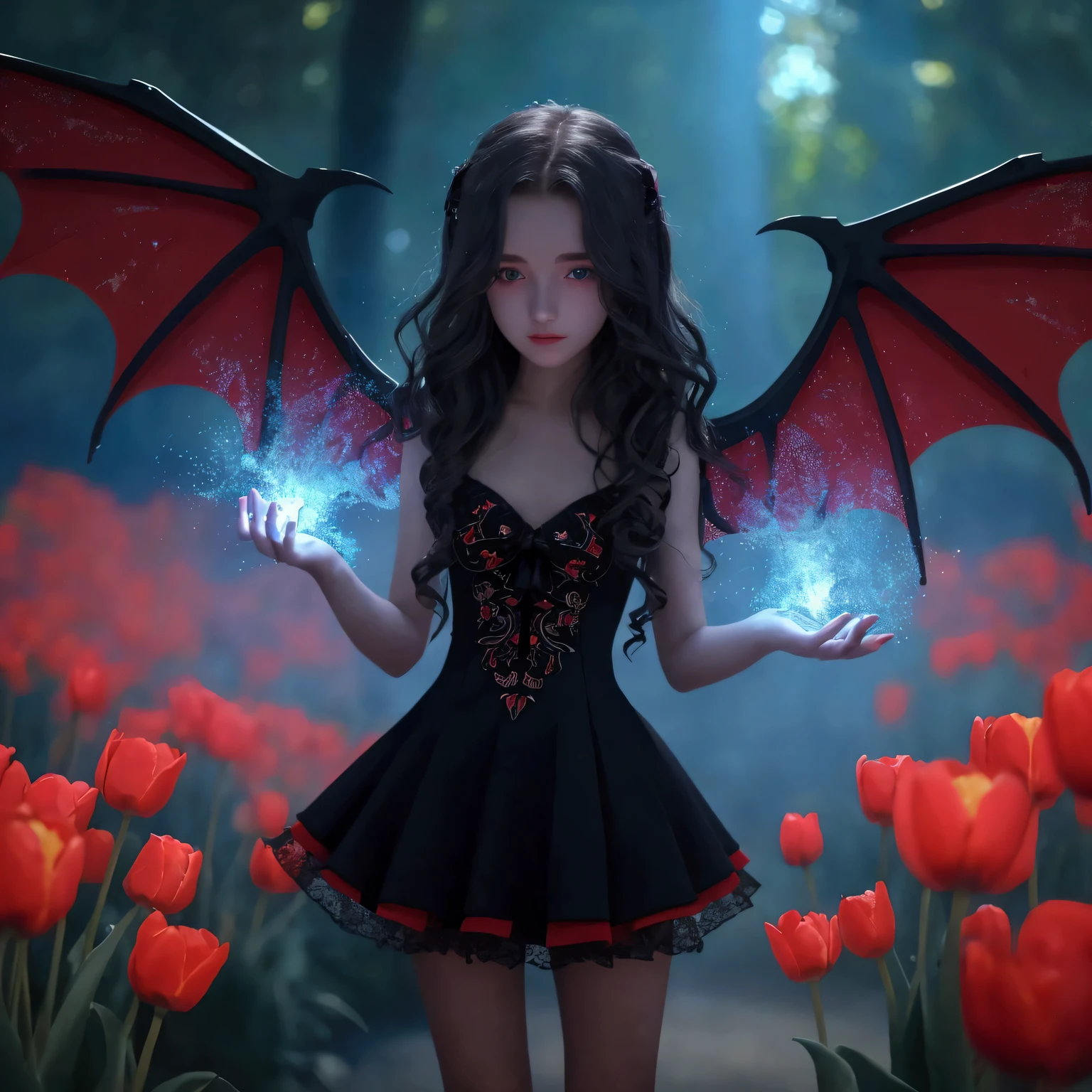 (a 16 year old British-Polish girl:1.4),long wavy hair,(black and red mini dress:1.35,(black bat-like wings on back:1.2),light blue energy power in hands,detailed night tulip garden background,intricate details,(best quality,8k,ultra-detailed,photorealistic:1.37),dramatic lighting,vibrant colors,cinematic composition,beautiful detailed eyes,beautiful detailed lips,extremely detailed face,long eyelashes,elegant pose