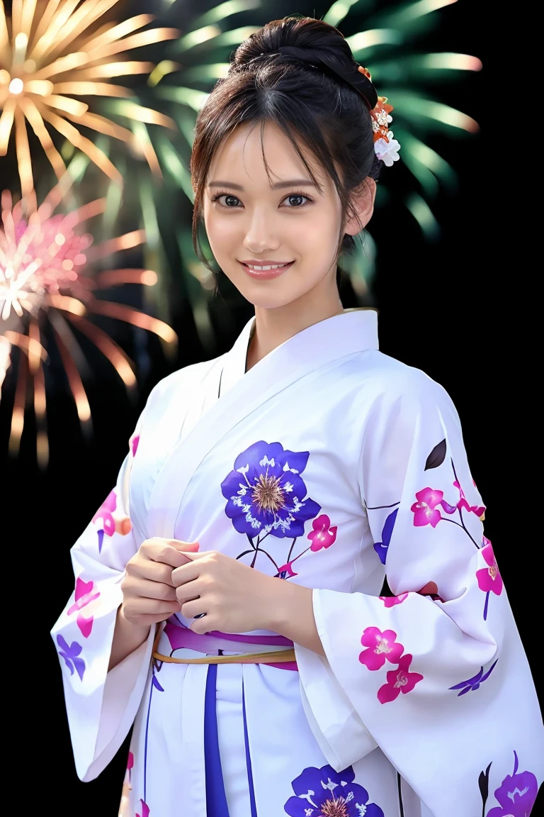 (Highest quality、Tabletop、8k、Best image quality、Award-winning works)、One beautiful woman、(Elegant floral kimono:1.2)、(Perfect kimono:1.3)、Perfect mature woman portrait photo、Glowing Skin、Standing Elegantly、(Grand and beautiful fireworks background:1.3)、(The perfect backdrop for a summer festival:1.2)、Glowing White Skin、Very white skin、(The most graceful posture:1.1)、Perfect beautiful glossy lips、(Accurate anatomy:1.1)、(A perfect and elegant outfit:1.1)、(Front facing body:1.2)、(Hair Bun:1.1)、(The most moody and romantic:1.1)、Great cinema lighting、(Tyndall effect:1.1)、(A deep summer festival background:1.2)