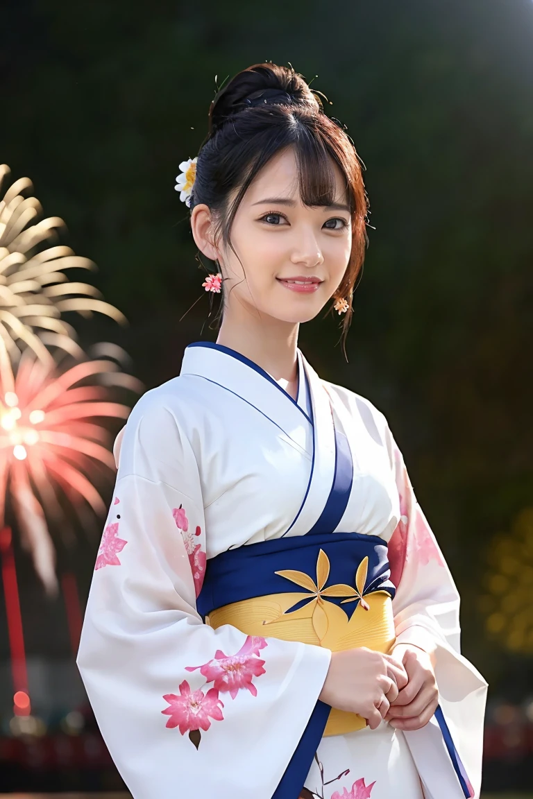 (Highest quality、Tabletop、8k、Best image quality、Award-winning works)、One beautiful woman、(Elegant floral kimono:1.2)、(Perfect kimono:1.3)、Perfect mature woman portrait photo、Glowing Skin、Standing Elegantly、(Grand and beautiful fireworks background:1.3)、(The perfect backdrop for a summer festival:1.2)、Glowing White Skin、Very white skin、(The most graceful posture:1.1)、Perfect beautiful glossy lips、(Accurate anatomy:1.1)、(A perfect and elegant outfit:1.1)、(Front facing body:1.2)、(Hair Bun:1.1)、(The most moody and romantic:1.1)、Great cinema lighting、(Tyndall effect:1.1)、(A deep summer festival background:1.2)